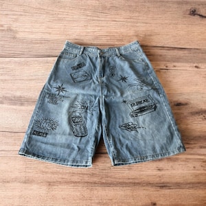 Incredible baggy wide leg denim shorts jorts with graffiti/graphic in light blue. All Sizes.