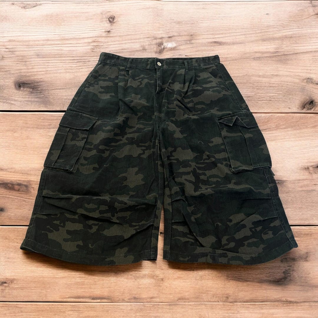 パンツ opium wood camo fur buggy shorts swag Baggy Camo Shorts Mens 44 Green Stretch Hip Hop Street Rap