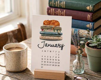 2027 Watercolor Desk Calendar | Cozy Bookshop Cats, Books (Digital Download)