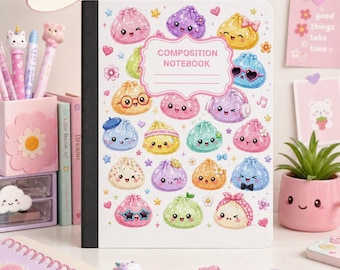 May include: A white composition notebook featuring a repeating pattern of colorful, smiling dumpling characters with various accessories like glasses, bows, and headphones. The center includes a pink-bordered label with the text COMPOSITION NOTEBOOK.