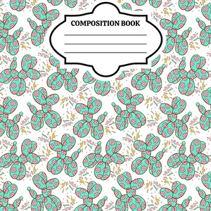 May include: A composition book with a white cover featuring a repeating pattern of teal balloon dogs decorated with small pink flowers, interspersed with yellow and pink confetti shapes. A central black-bordered label reads COMPOSITION BOOK.