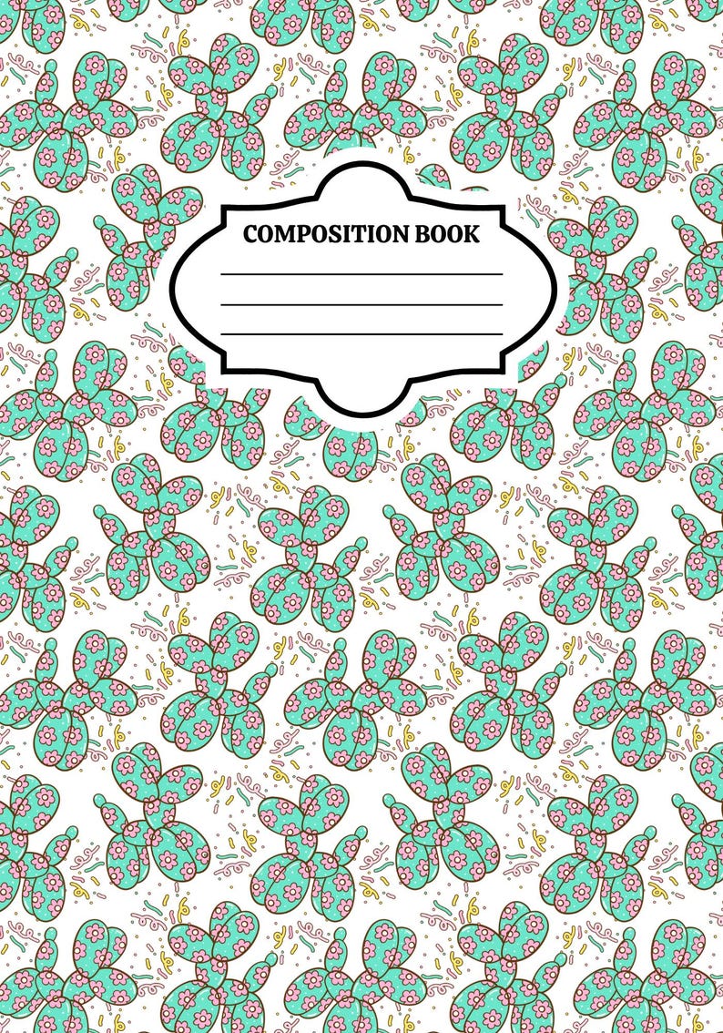 May include: A composition book with a white cover featuring a repeating pattern of teal balloon dogs decorated with small pink flowers, interspersed with yellow and pink confetti shapes. A central black-bordered label reads COMPOSITION BOOK.