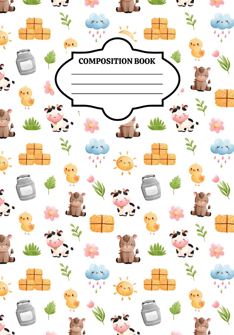 May include: A white composition book cover featuring a repeating pattern of watercolor farm elements including cows, chicks, donkeys, hay bales, milk jugs, suns, clouds, and flowers. A central black-outlined label contains the text COMPOSITION BOOK.