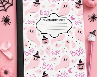 May include: A composition book with a white cover featuring a repeating pattern of light pink ghosts, jack-o'-lanterns wearing black witch hats, pink crescent moons, and the word "BOO!" in pink text. A central label reads "COMPOSITION BOOK."
