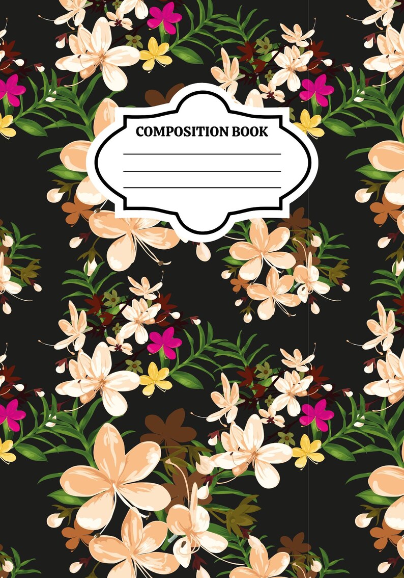 May include: A composition book with a black background featuring a repeating floral pattern of light peach, bright pink, and yellow flowers with green leaves. A white, decorative label with a black border contains the text COMPOSITION BOOK.