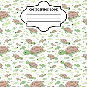 May include: A composition book featuring a repeating pattern of light green turtles and small fish on a white background. In the center, a black-bordered label with the text COMPOSITION BOOK and four horizontal lines for writing information.