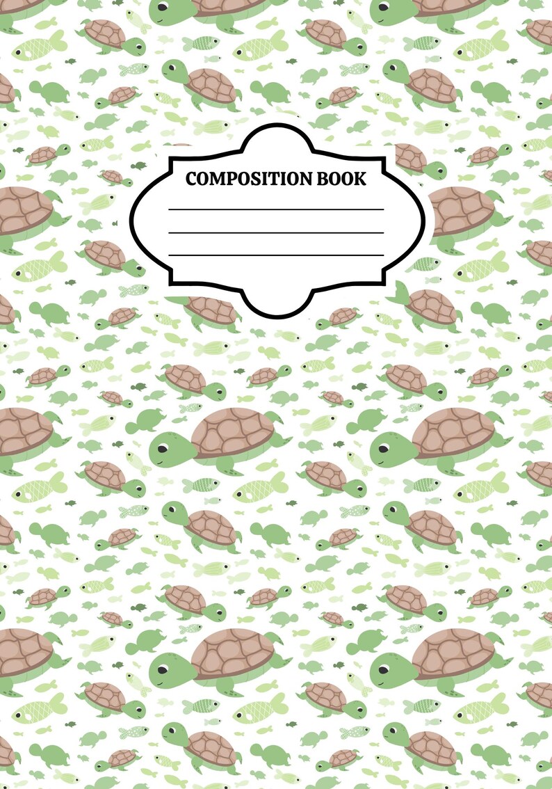 May include: A composition book featuring a repeating pattern of light green turtles and small fish on a white background. In the center, a black-bordered label with the text COMPOSITION BOOK and four horizontal lines for writing information.