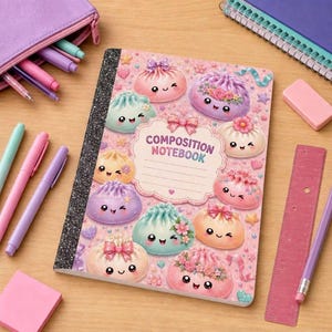 May include: A composition notebook with a pink cover featuring a pattern of smiling, pastel-colored dumplings decorated with bows and flowers. The center has a scalloped label with the text COMPOSITION NOTEBOOK and lines for writing.