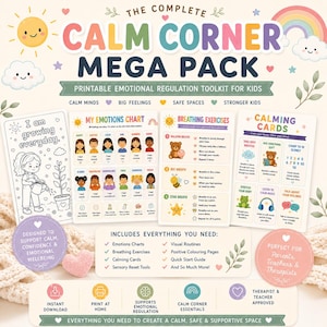 May include: A printable "Calm Corner Mega Pack" for kids, featuring charts, exercises, and calming cards. Includes "My Emotions Chart", "Breathing Exercises", and "Calming Cards". Designed to support emotional wellbeing. Includes everything you need to create a calm, safe & supportive space.