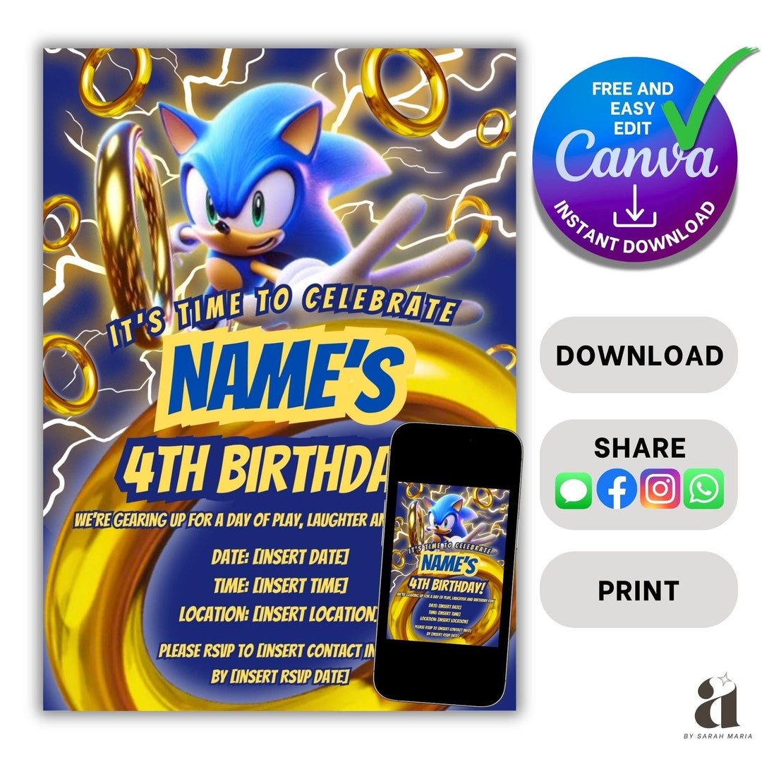 Kids Sonic Birthday Party Invitation EASY Template Download Digital ...