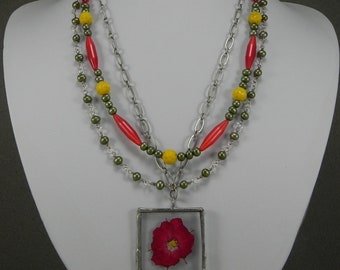 Multi Strand Pressed Glass Pendant Necklace, Flower, Dark Pink, Yellow, Green, Mother's Day. Gift,