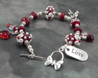 Lampwork Bead and Sterling Silver Valentine Bracelet, Red, Cherub, Butterfly, Love,