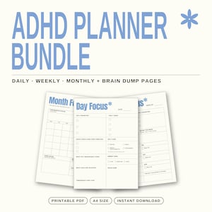 Pode incluir: Um pacote de planejador TDAH com texto azul claro em papel branco. As páginas incluem seções para planejamento diário, semanal e mensal, além de páginas de notas. O texto diz ADHD PLANNER BUNDLE, DAILY, WEEKLY, MONTHLY + BRAIN DUMP PAGES, PRINTABLE PDF, A4 SIZE, INSTANT DOWNLOAD.