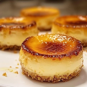 Puede incluir: Cuatro pequeños cheesecakes redondos con una cobertura de azúcar caramelizada en un plato blanco. Los cheesecakes tienen una corteza de color marrón dorado.