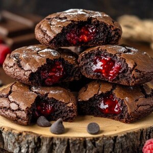 May include: A stack of five chocolate brownie cookies with raspberry jam filling. The cookies are broken open to show the jam filling. The cookies are on a wooden surface with chocolate chips scattered around.