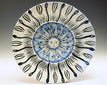 Sunny - Original Painting by Jenny Mendes in a Black Blue and White Ceramic Bowl - Medium Size 8 1/2" Diameter