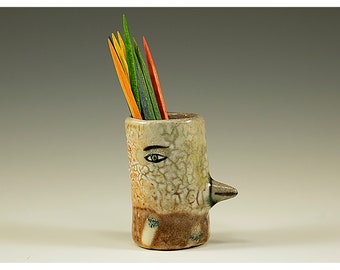 Oscar - Wood Kiln Fired Bird Toothpick Holding Bud Vase by Jenny Mendes - Toothpicks show Scale