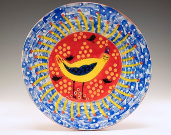 Blue Winged Yellow Bird - Painting by Jenny Mendes on a round ceramic 6 1/4 Inch Plate - One of a Kind Decoration