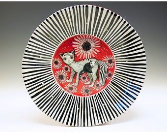 Friendly Pets - Original Painting by Jenny Mendes in a Black Red and White Ceramic Bowl - Medium Size 8 1/2" Diameter