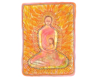 May include: Watercolour illustration depicting a seated figure embracing a smaller figure, both in soft pink tones. The figures are set against a radiant orange and yellow backdrop with a dotted border, suggesting warmth and connection.