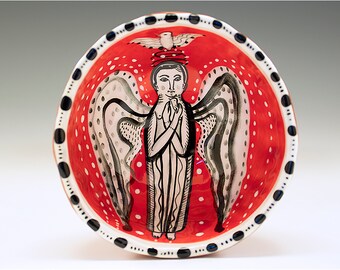 Off To Heaven - Original Painting by Jenny Mendes in a Red Black and White Hand Pinched Ceramic Finger Bowl