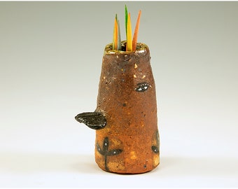 Oden - Wood Kiln Fired Duck Billed Bird Toothpick Holding Bud Vase by Jenny Mendes - Toothpicks show Scale