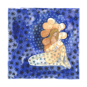 May include: Watercolor illustration of a seated figure with long blonde hair, embraced by multiple faces. The figure is adorned in a patterned garment, set against a blue background with star-like shapes. The artwork evokes a sense of comfort and connection.