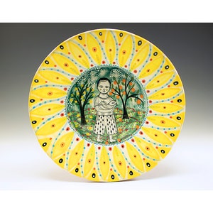 My Baby - Original Painting by Jenny Mendes in a Yellow and Green Ceramic Bowl - Medium Size 8 1/2" Diameter