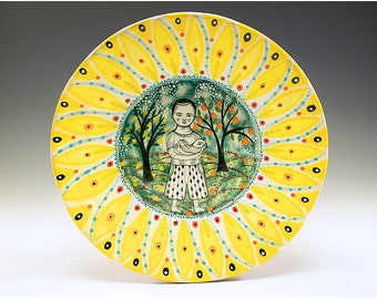 My Baby - Original Painting by Jenny Mendes in a Yellow and Green Ceramic Bowl - Medium Size 8 1/2" Diameter