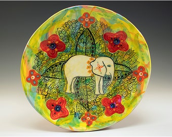 Celebratory Elephant - Painting by Jenny Mendes on a round ceramic 8 Inch Plate - One of a Kind Decoration