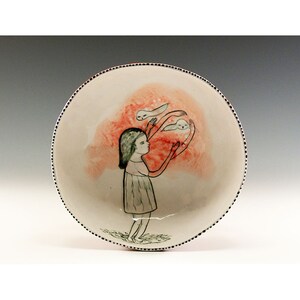 Girl with Birds - A Painted Hand Pinched Larger Ceramic Bowl by Jenny Mendes