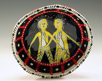 Babies - Original Painting by Jenny Mendes in a Black Yellow  Red and White Hand Pinched Ceramic Finger Bowl