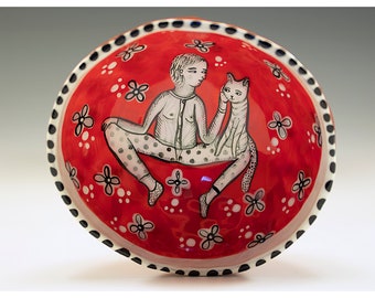 Hello Maudy - Original Painting by Jenny Mendes in a Rod Black and White Hand Pinched Ceramic Finger Bowl
