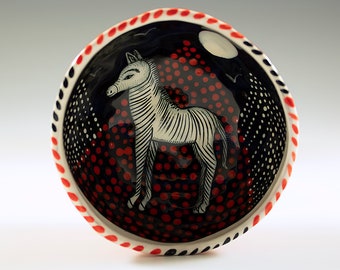 Zebra Under A Full Moon - Original Painting by Jenny Mendes in a Black and White Hand Pinched Ceramic Finger Bowl