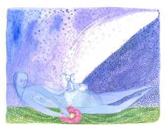 May include: A watercolour illustration depicting a reclining figure in blue tones, with a small deer resting on the figure. A pink flower and green grass are in the foreground, with a light blue and purple background.
