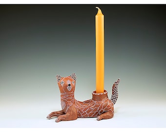 Kitty Cat Candle Holding Sculpture - Ceramics by Jenny Mendes - One of a Kind Sculpture