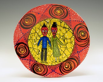 Happy Couple - Painting by Jenny Mendes on a round ceramic 6 1/4 Inch Plate - One of a Kind Decoration