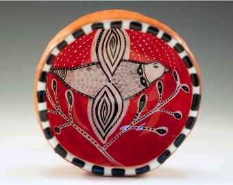 Bird Bowl - Original Painting by Jenny Mendes in a Red Black and White Hand Pinched Ceramic Finger Bowl