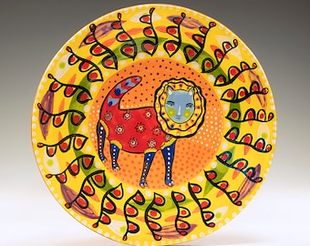 Red Lion - Painting by Jenny Mendes on a round ceramic 6 1/4 Inch Plate - One of a Kind Decoration