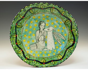 Puppy Heaven - Painting by Jenny Mendes on a round ceramic 8 Inch Plate - One of a Kind Decoration
