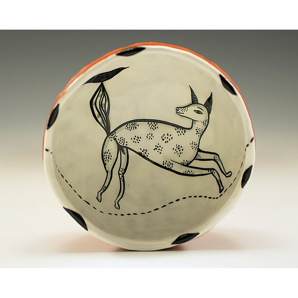 Happy Dog - Original Painting by Jenny Mendes in a Black and White Hand Pinched Ceramic Finger Bowl
