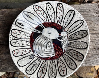 Bunny Family - Original Painting by Jenny Mendes in a Black Red and White  Ceramic  Bowl - Medium Size 8 1/2" Diameter