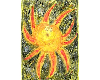 Puede incluir: Pintura a la acuarela de dos figuras abrazándose dentro de una forma radiante, similar al sol. La obra presenta una paleta vibrante de tonos amarillos, naranjas y rojos, sobre un fondo oscuro y arremolinado con delicados acentos blancos. Las figuras tienen pelo largo.