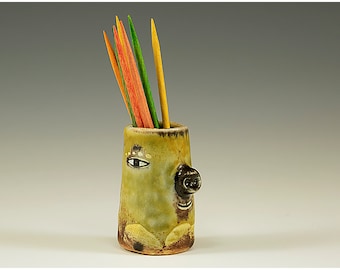 Carl - Wood Kiln Fired Pig Face Toothpick Holding Bud Vase by Jenny Mendes - Toothpicks show Scale