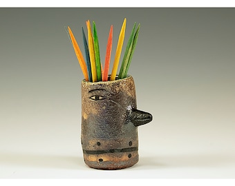 Xtra - Wood Kiln Fired Bird Toothpick Holding Bud Vase by Jenny Mendes - Toothpicks show Scale