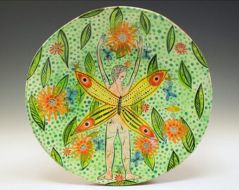 Pollination  - Painting by Jenny Mendes on a round ceramic 8 Inch Plate - One of a Kind Decoration