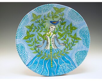 Grounded - Painting by Jenny Mendes on a round ceramic 8 Inch Plate - One of a Kind Decoration