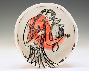 Two Are Better Then One - Original Painting by Jenny Mendes in a Black Red and White Hand Pinched Ceramic Finger Bowl