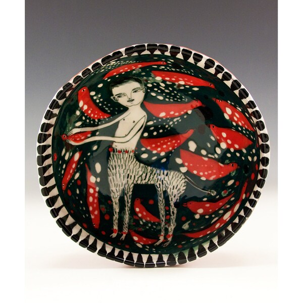 Satyr - Original Painting by Jenny Mendes in a Ceramic Pinch Bowl