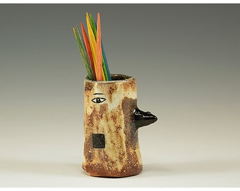 J Jazzy Jay - Wood Kiln Fired Bird Toothpick Holding Bud Vase by Jenny Mendes - Toothpicks show Scale